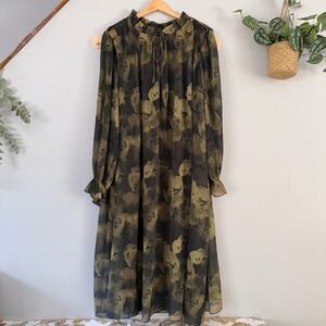 Ganni Dress Whimsigoth Olive Green Floral Pleated Maxi Formal Wedding Ruffle